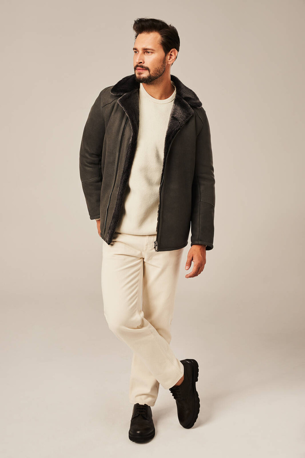 Geacă scurtă iarnă bărbați din piele naturală de miel – Gri