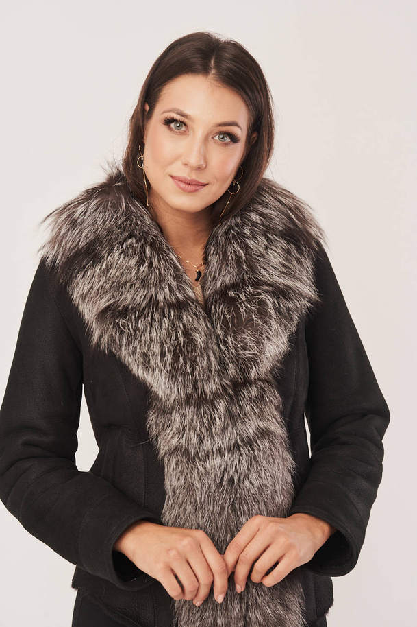 Jachetă de iarnă din piele de miel cu garnitură din blană de vulpe, neagră