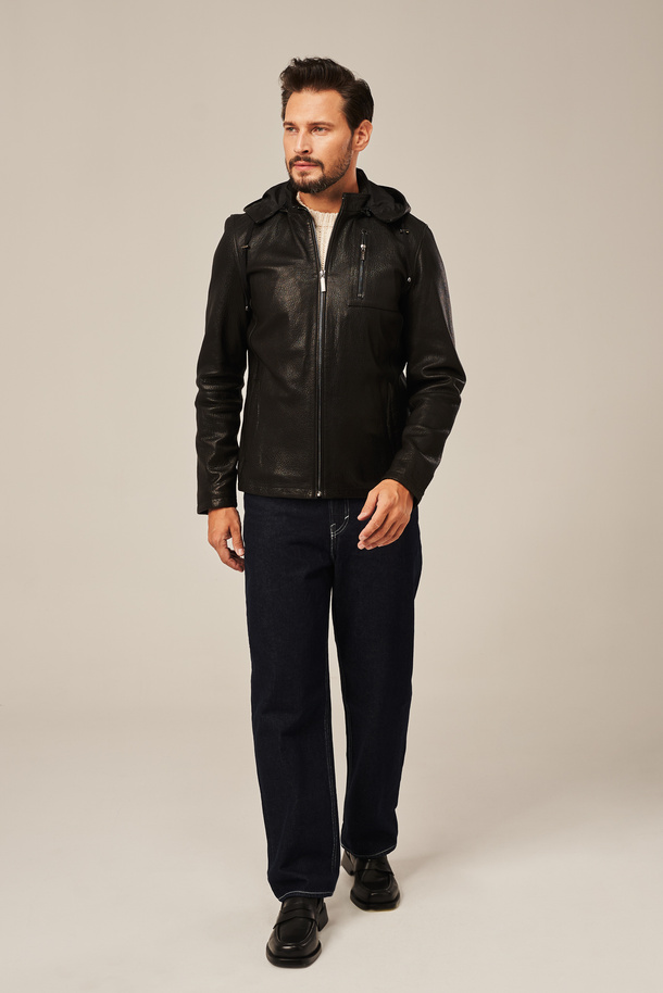Geacă scurtă din piele naturală pentru bărbați, culoare neagră