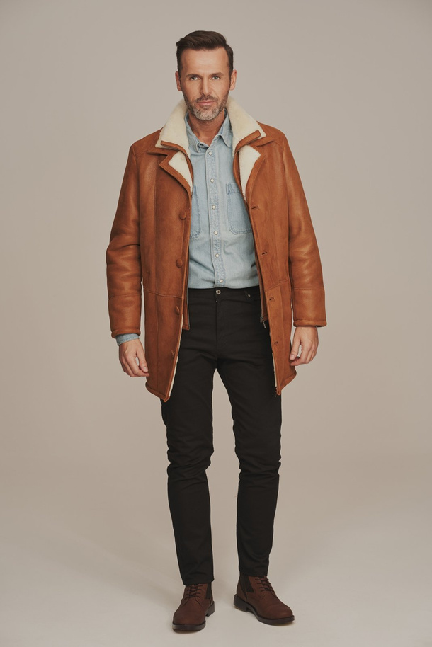 Palton bărbătesc elegant din piele naturală de miel cu blană albă