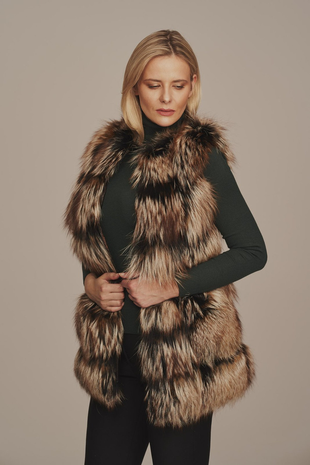 Vestă de blană naturală din blană de vulpe maro – stil sofisticat pentru iarnă și toamnă