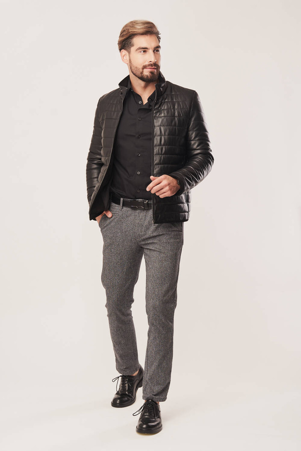 Geacă de piele neagră pentru bărbați căptușită – piele naturală de miel, geacă de toamnă călduroasă