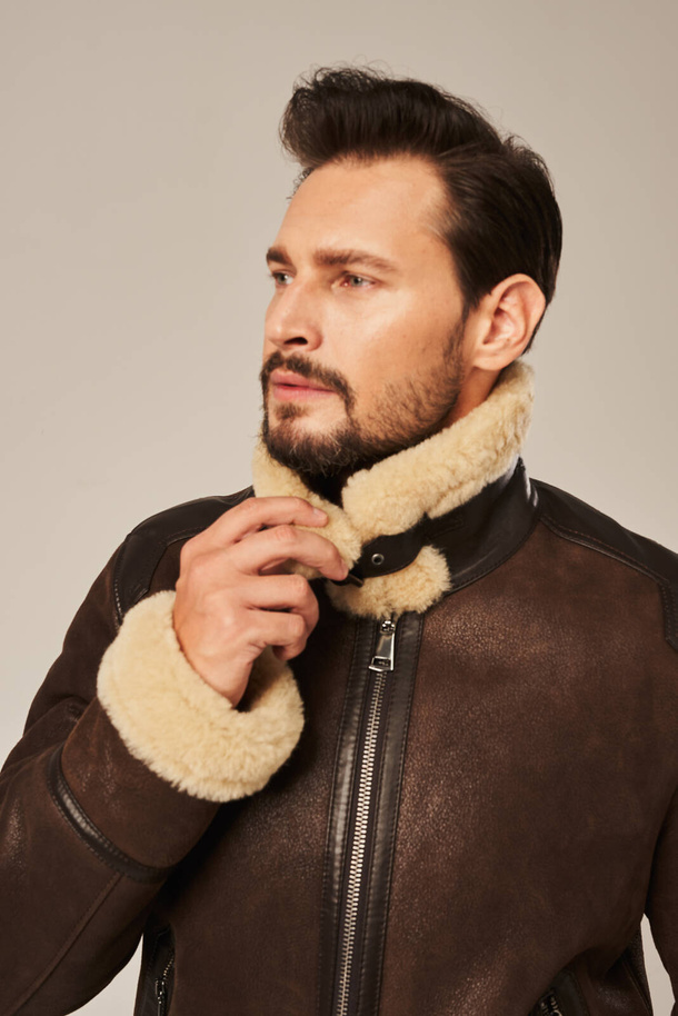 Cojoc bărbătesc pilotă din piele naturală de miel, maro închis