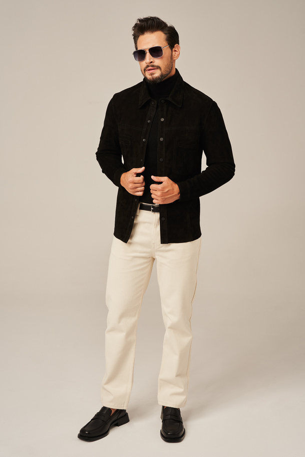 Geacă bărbătească tip cămașă din piele naturală de miel – neagră