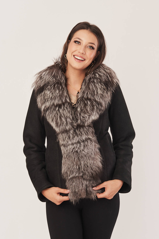 Jachetă de iarnă din piele de miel cu garnitură din blană de vulpe, neagră