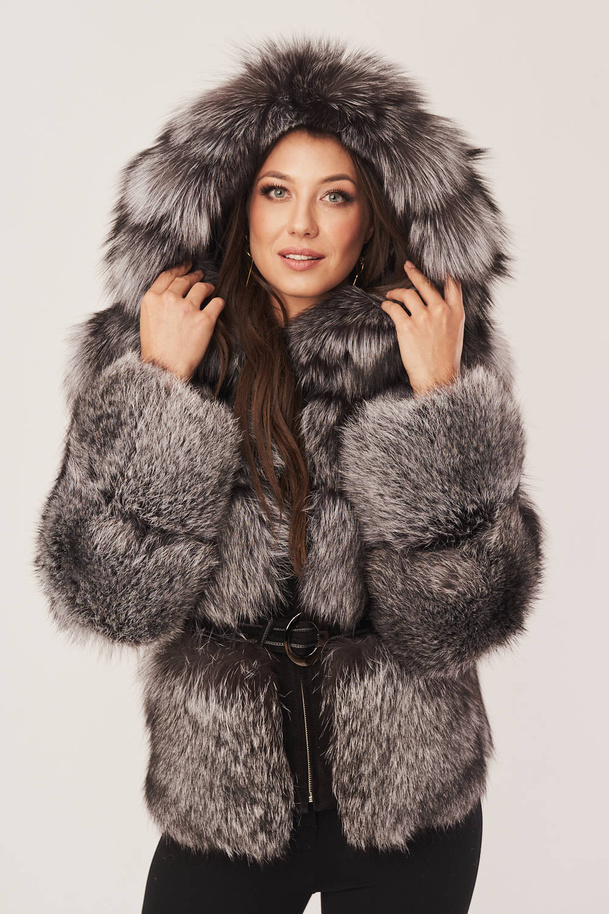 Jachetă elegantă de damă din blană de vulpe argintie cu glugă 