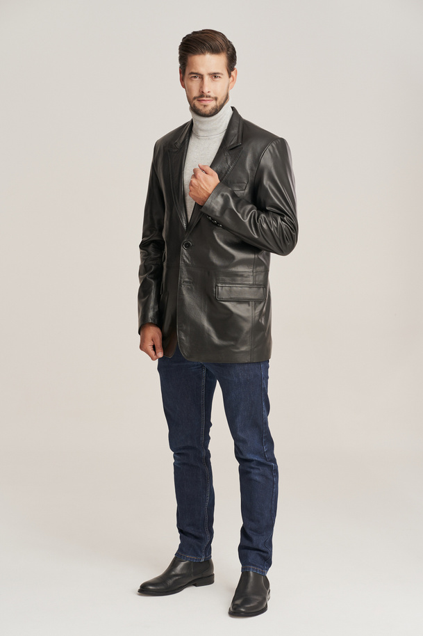 Sacou bărbătesc negru din piele naturală de miel