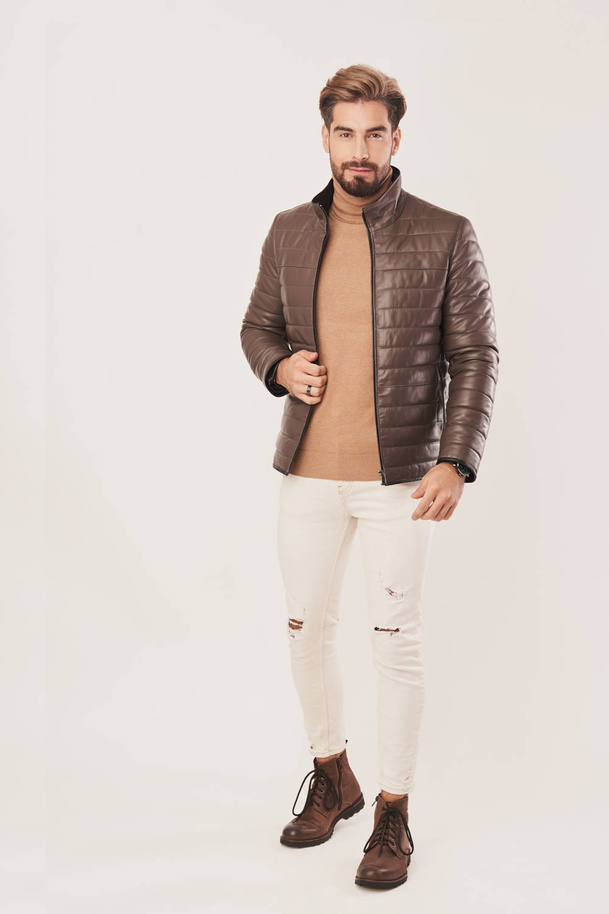 Geacă bărbătească din piele naturală cappuccino – piele de miel casual