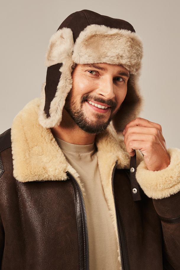 Căciulă pilot bărbați din piele maro – căciulă din piele naturală cu blană de miel, stil militar