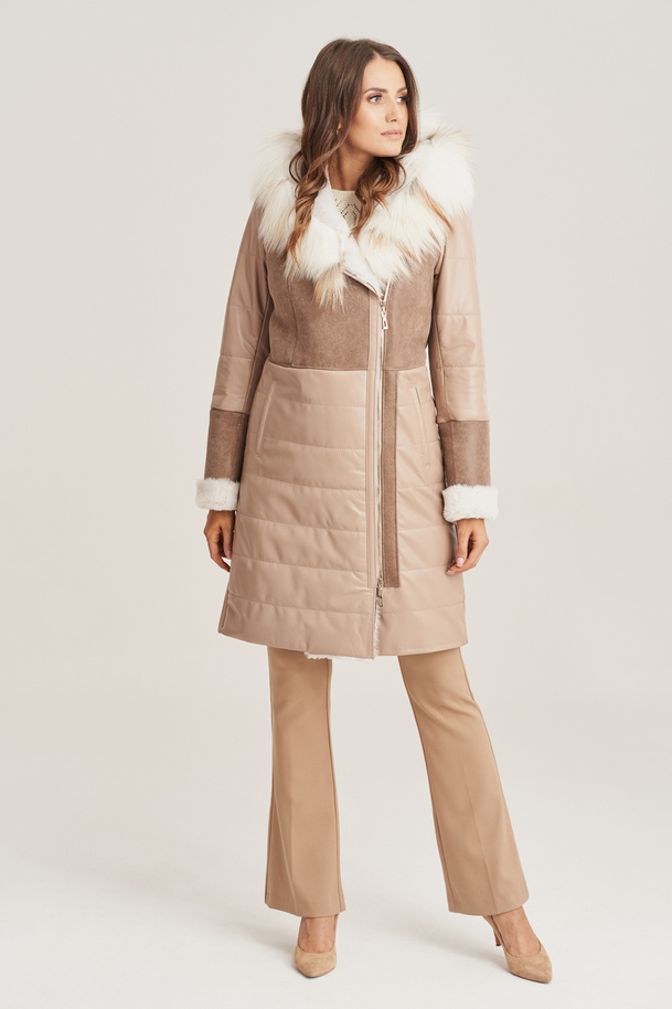 Palton damă lungime până la genunchi, din piele naturală de miel în nuanțe cappuccino