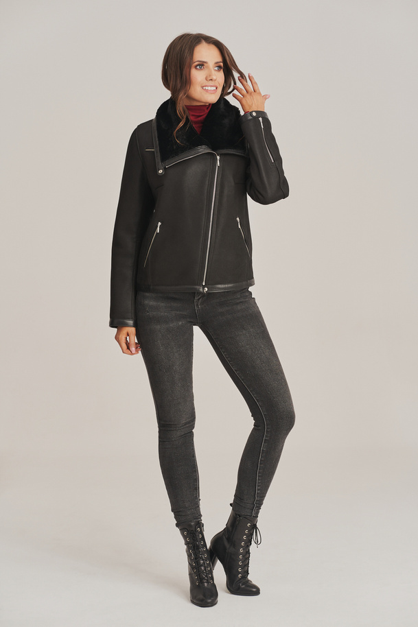 Haină de damă din piele de oaie, neagră, stil aviator