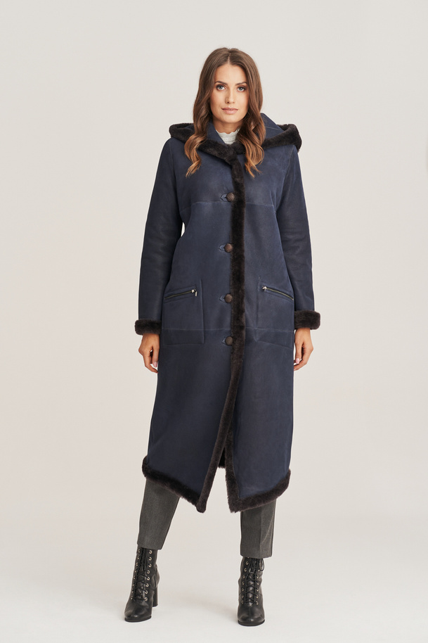 Haină de blană reversibilă din piele naturală de miel pentru femei – albastru închis, model oversize cu glugă