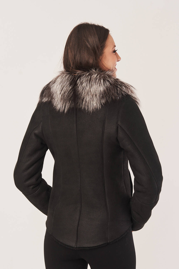 Jachetă de iarnă din piele de miel cu garnitură din blană de vulpe, neagră