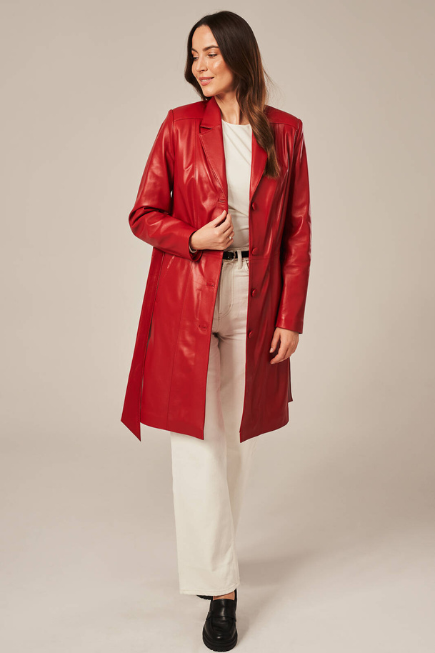 Palton roșu clasic de damă din piele naturală de miel