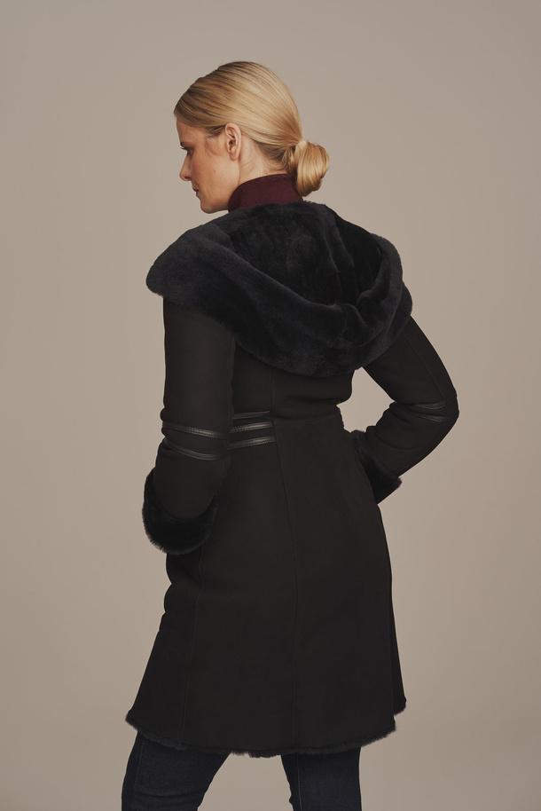 Palton pentru femei din piele de oaie naturală, bleumarin, cu glugă