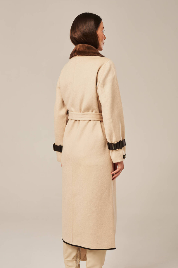 Palton damă călduros din lână alpaca cu blană naturală de nurcă și detalii din piele naturală