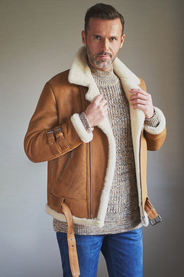 Jachetă bărbătească aviator din piele naturală de miel – culoare ruginie cu blană albă